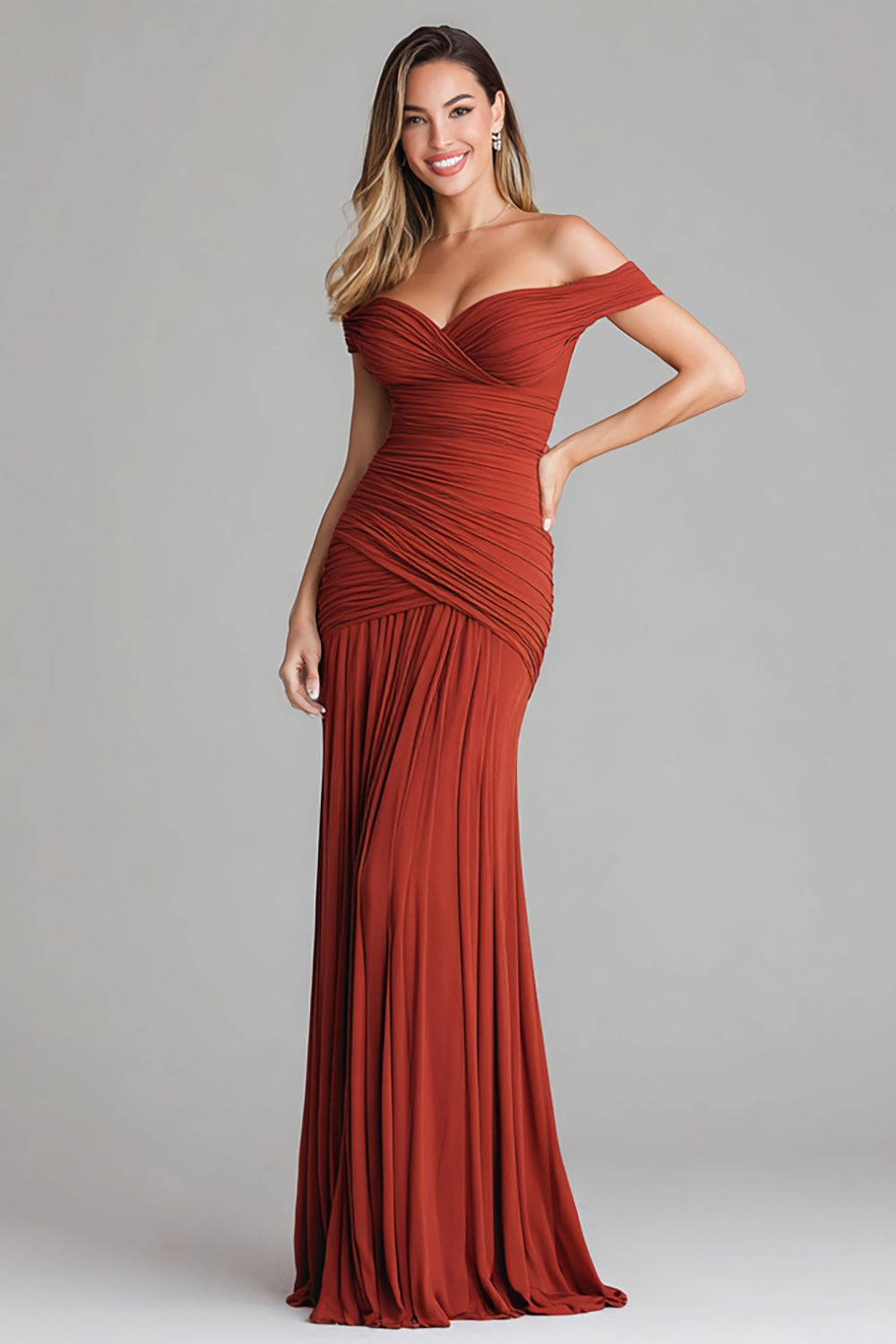 Terracotta Ruched Off the Shoulder Mermaid Long Formal Dress