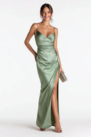 Load image into Gallery viewer, Sage Green Satin Mermaid Spaghetti Straps Ruched Long Formal Dress with Slit