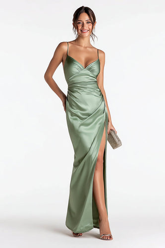 Sage Green Satin Mermaid Spaghetti Straps Ruched Long Formal Dress with Slit