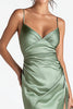 Load image into Gallery viewer, Sage Green Satin Mermaid Spaghetti Straps Ruched Long Formal Dress with Slit