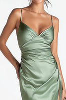 Load image into Gallery viewer, Sage Green Satin Mermaid Spaghetti Straps Ruched Long Formal Dress with Slit