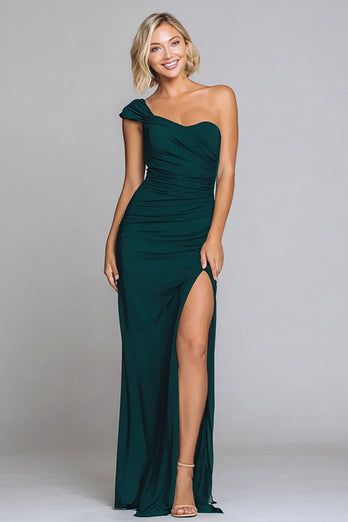 Dark Green Mermaid Ruched One Shoulder Long Formal Dress with Slit