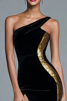 Load image into Gallery viewer, Sparkly Black Velvet One Shoulder Mermaid Long Holiday Party Dress with Sequins