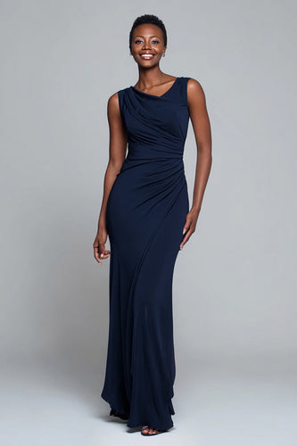Simple Navy Mermaid V-Neck Ruched Long Formal Dress