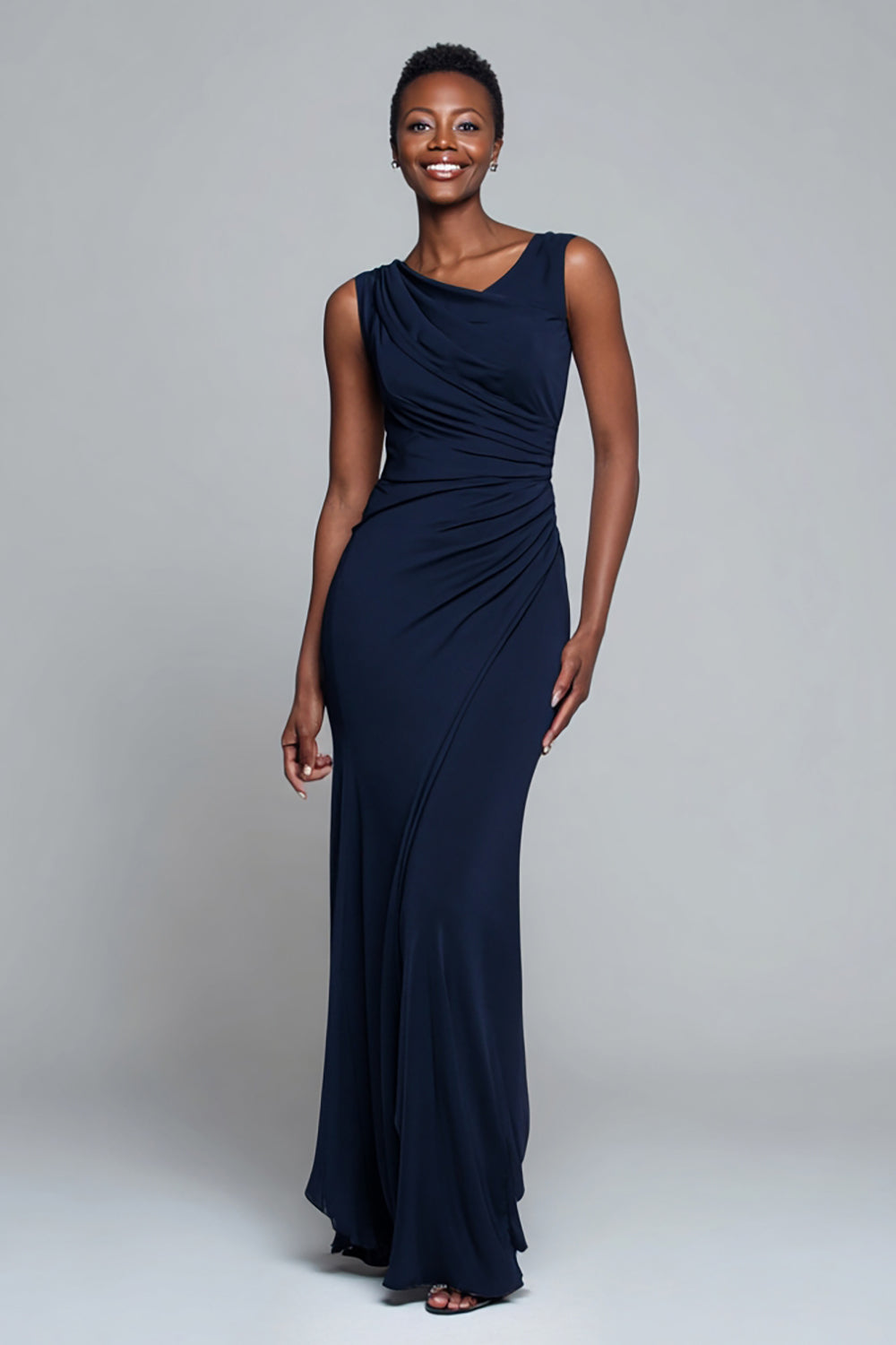 Simple Navy Mermaid V-Neck Ruched Long Formal Dress