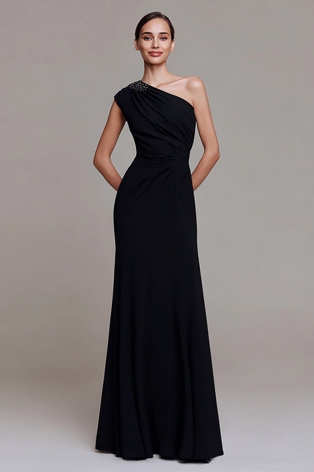 Sparkly Black Sheath One Shoulder Ruched Long Formal Dress with Beading