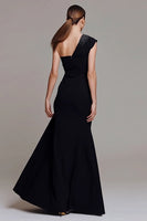Load image into Gallery viewer, Sparkly Black Sheath One Shoulder Ruched Long Formal Dress with Beading