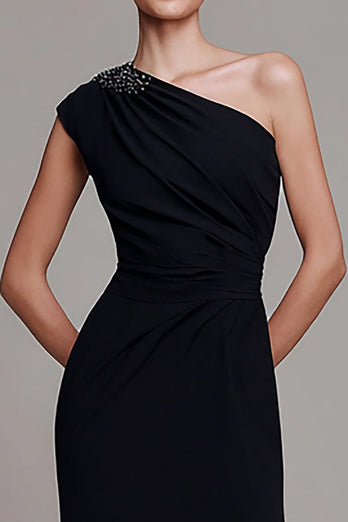 Sparkly Black Sheath One Shoulder Ruched Long Formal Dress with Beading