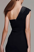 Load image into Gallery viewer, Sparkly Black Sheath One Shoulder Ruched Long Formal Dress with Beading