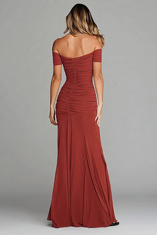 Terracotta Mermaid Off the Shoulder Ruched Long Formal Dress