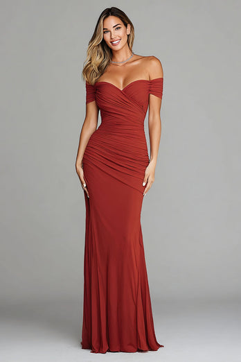 Terracotta Mermaid Off the Shoulder Ruched Long Formal Dress