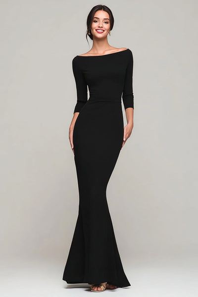 Elegant Black Mermaid Boat Neck Long Formal Dress with Sleeves
