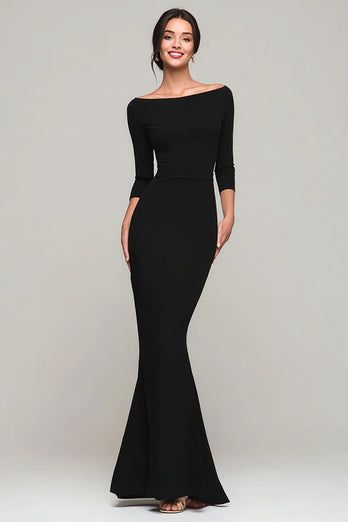 Elegant Black Mermaid Boat Neck Long Formal Dress with Sleeves