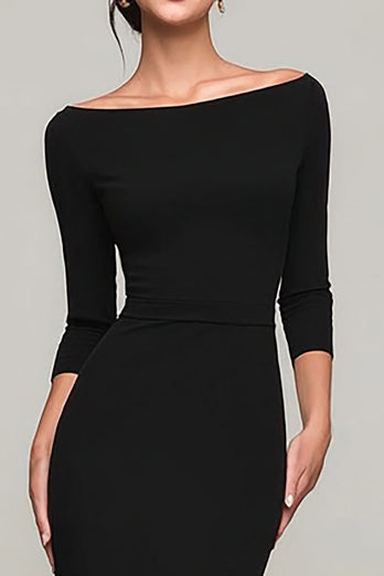 Elegant Black Mermaid Boat Neck Long Formal Dress with Sleeves