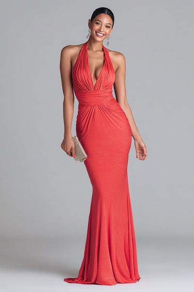 Watermelon Red Mermaid Halter Ruched Long Formal Dress