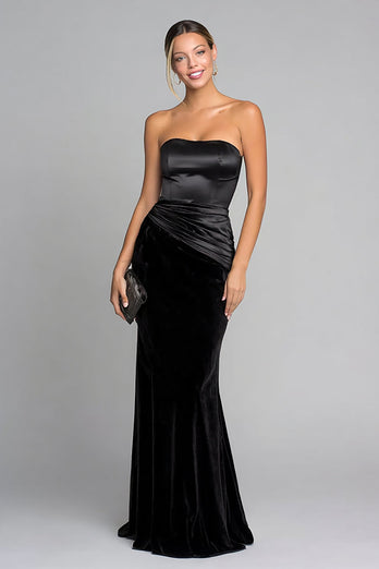 Black Velvet Strapless Ruched Mermaid Long Formal Dress