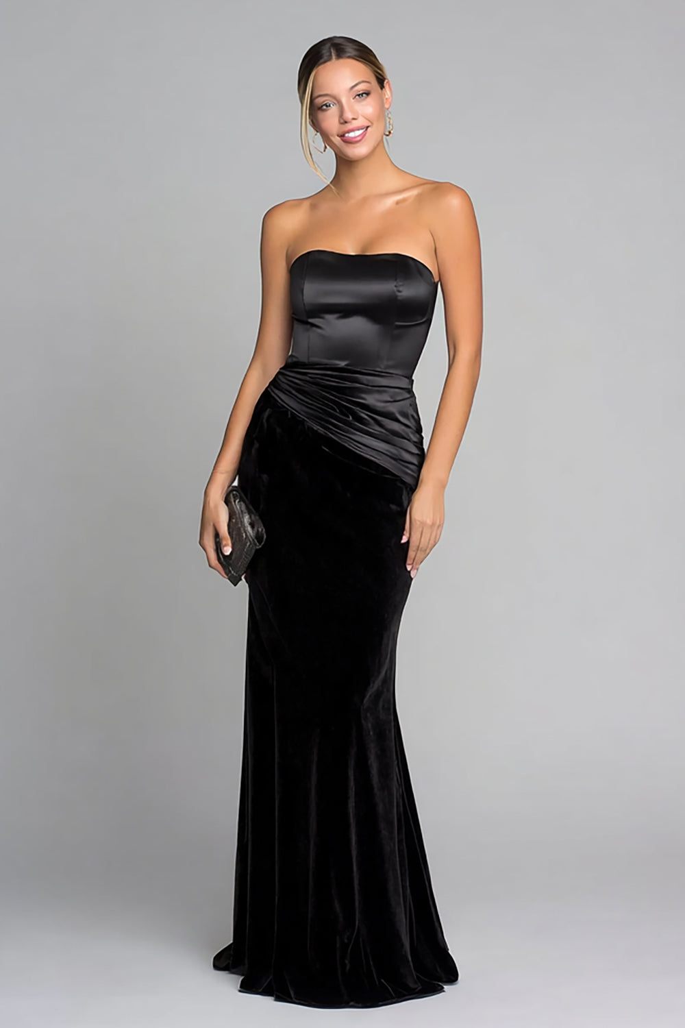 Black Velvet Strapless Ruched Mermaid Long Formal Dress