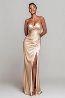 Load image into Gallery viewer, Champagne Satin Mermaid Sweetheart Ruched Long Formal Dress with Slit