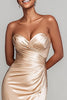 Load image into Gallery viewer, Champagne Satin Mermaid Sweetheart Ruched Long Formal Dress with Slit