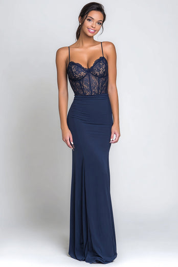 Navy Mermaid Spaghetti Straps Long Corset Formal Dress with Lace