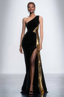 Load image into Gallery viewer, Sparkly Black Velvet Mermaid One Shoulder Long Holiday Party Dress with Sequins