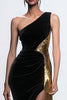 Load image into Gallery viewer, Sparkly Black Velvet Mermaid One Shoulder Long Holiday Party Dress with Sequins