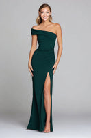 Load image into Gallery viewer, Dark Green Mermaid Ruched One Shoulder Long Formal Dress with Slit