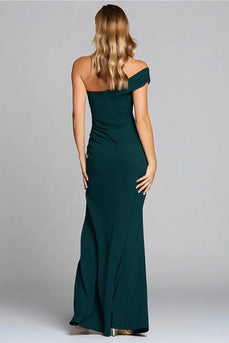 Dark Green Mermaid Ruched One Shoulder Long Formal Dress with Slit