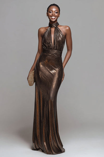 Sparkly Brown Metallic Mermaid High Neck Long Formal Dress with Keyhole