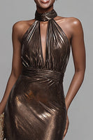 Load image into Gallery viewer, Sparkly Brown Metallic Mermaid High Neck Long Formal Dress with Keyhole