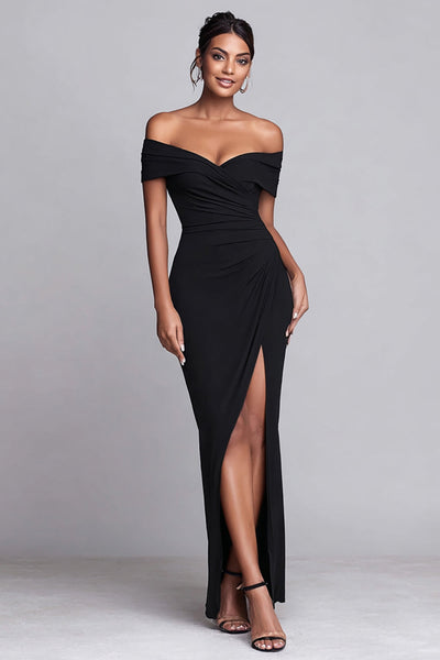 Black Mermaid Ruched Off the Shoulder Long Formal Dress with Slit