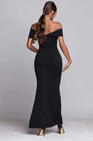 Load image into Gallery viewer, Black Mermaid Ruched Off the Shoulder Long Formal Dress with Slit