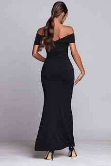 Black Mermaid Ruched Off the Shoulder Long Formal Dress with Slit