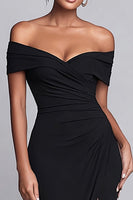 Load image into Gallery viewer, Black Mermaid Ruched Off the Shoulder Long Formal Dress with Slit