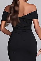 Load image into Gallery viewer, Black Mermaid Ruched Off the Shoulder Long Formal Dress with Slit