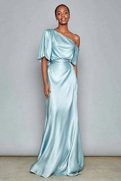 Light Blue Satin Ruched One Shoulder Long Formal Dress with Sleeves