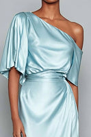 Load image into Gallery viewer, Light Blue Satin Ruched One Shoulder Long Formal Dress with Sleeves
