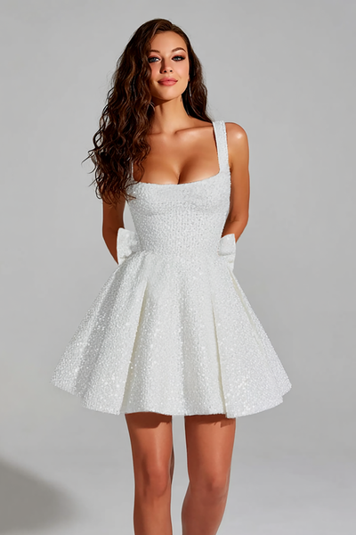Sparkly Ivory A Line Sequins Square Neck Short Homecoming Dress with Bow