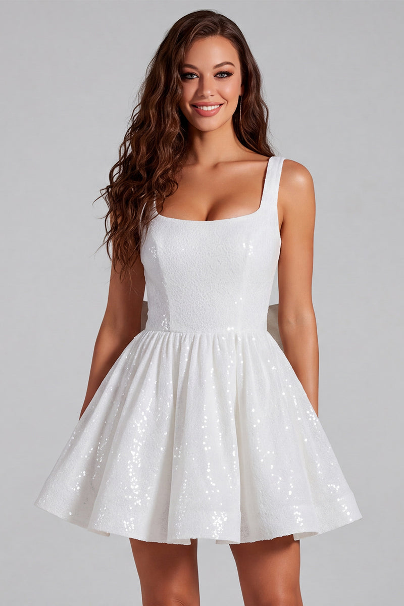 Load image into Gallery viewer, Sparkly Ivory A Line Sequins Square Neck Short Homecoming Dress with Bow