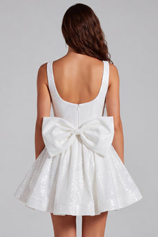 Sparkly Ivory A Line Sequins Square Neck Short Homecoming Dress with Bow