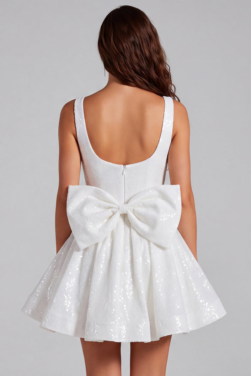 Load image into Gallery viewer, Sparkly Ivory A Line Sequins Square Neck Short Homecoming Dress with Bow