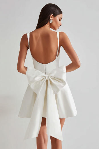 Ivory A Line Square Neck Short Homecoming Dress with Bow