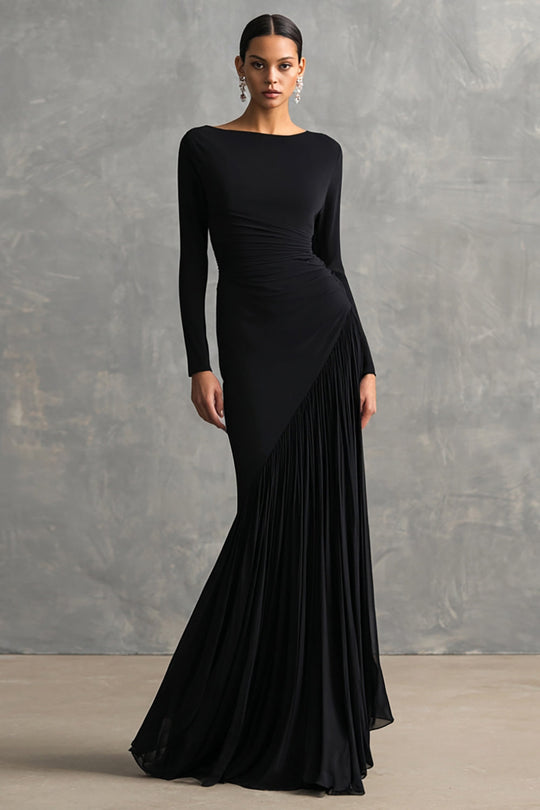 Queendancer Women Chiffon Mermaid Long Evening Dress Boat Neck Pleated Long Sleeves Military Dress