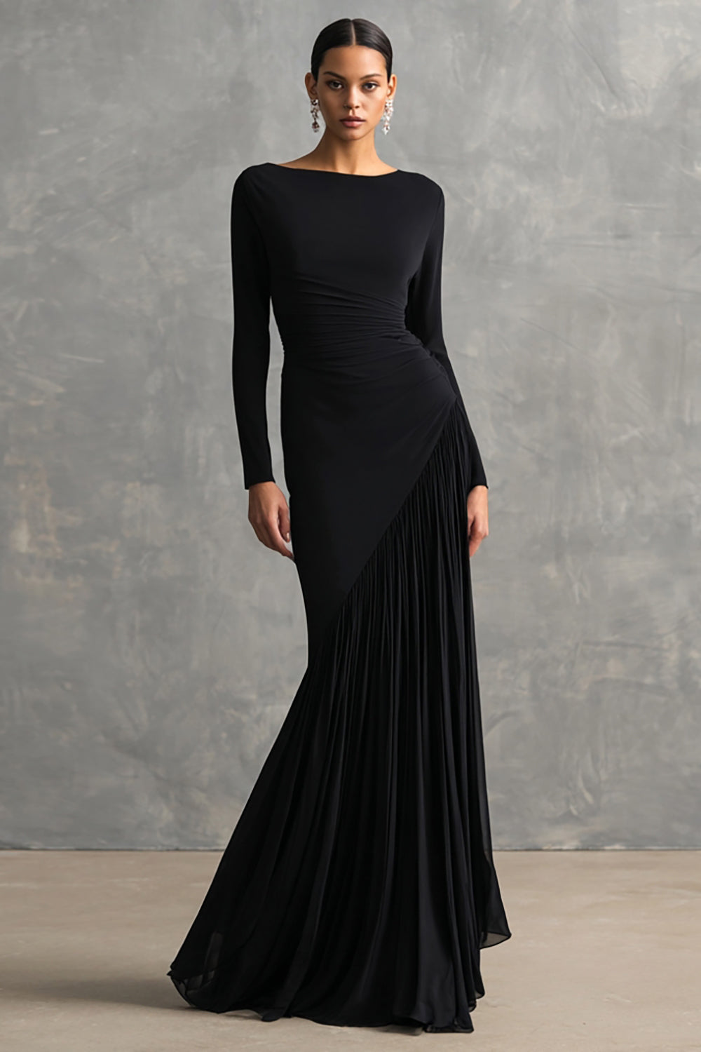 Black Chiffon Mermaid Boat Neck Long Sleeves Formal Dress