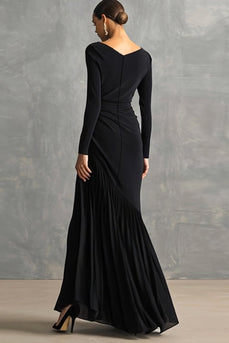 Black Chiffon Mermaid Boat Neck Long Sleeves Formal Dress