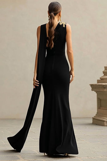 Black Mermaid One Shoulder Neck Scarf Long Formal Dress with Cape