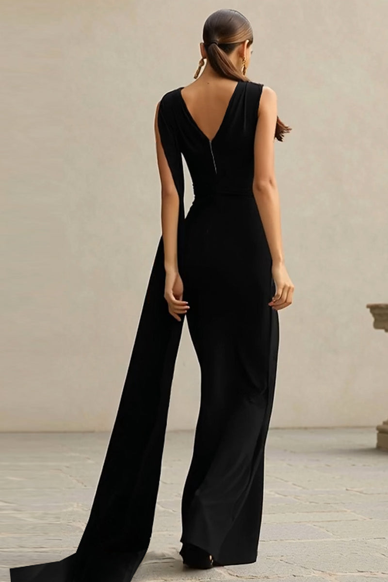 Load image into Gallery viewer, Black Mermaid One Shoulder Neck Scarf Long Formal Dress with Cape