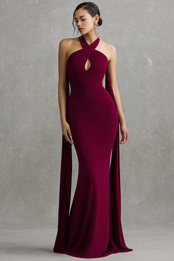 Burgundy Mermaid Halter Neck Scarf Long Formal Dress with Keyhole