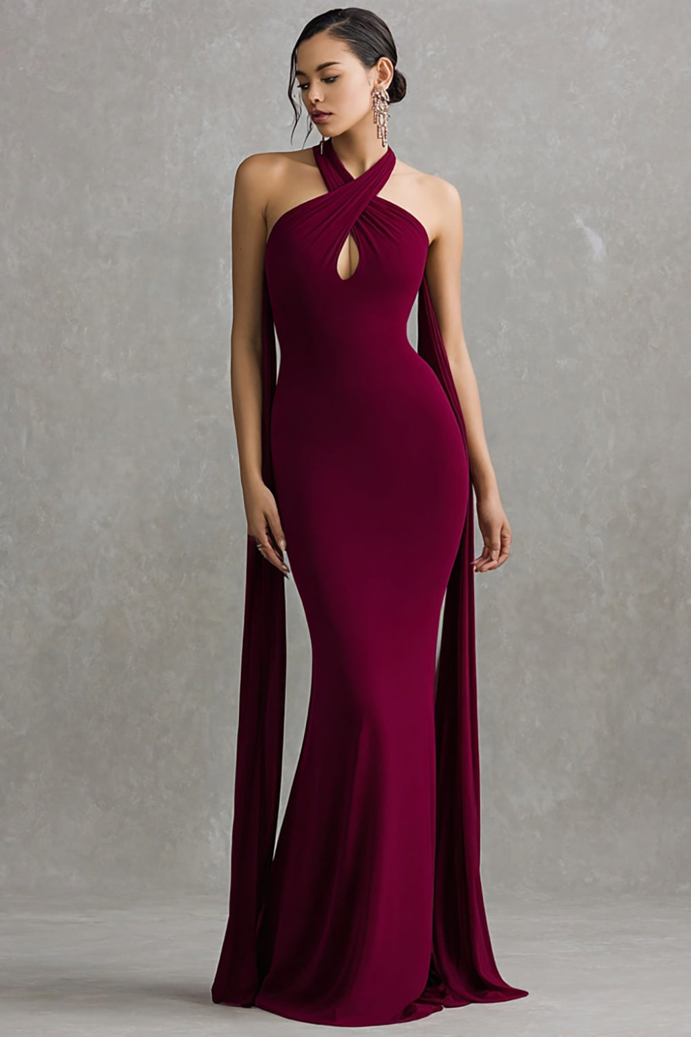 Burgundy Mermaid Halter Neck Scarf Long Formal Dress with Keyhole