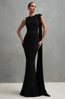 Load image into Gallery viewer, Black Mermaid Round Neck Long Formal Dress with Side Cape